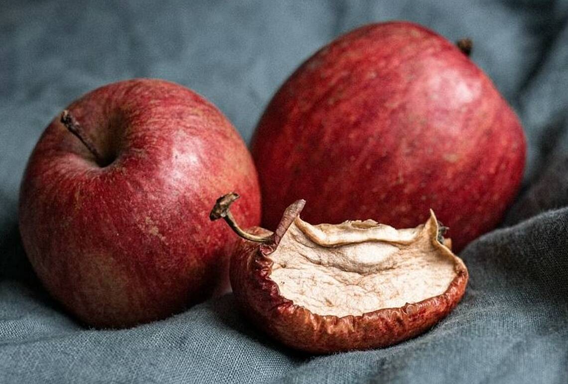 Foto von frischen Äpfeln und einem verdorrten Apfelschnitz. Foto: Unsplash